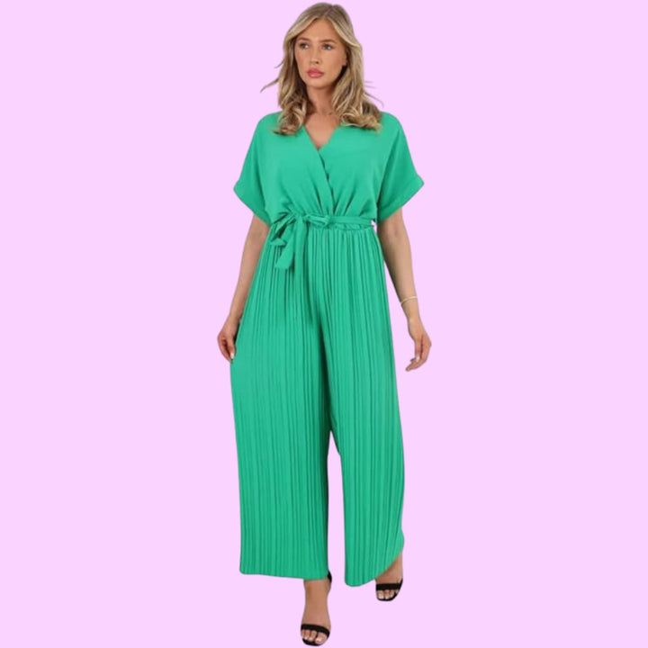 Italian Pleated Belted Wrap Over Jumpsuits