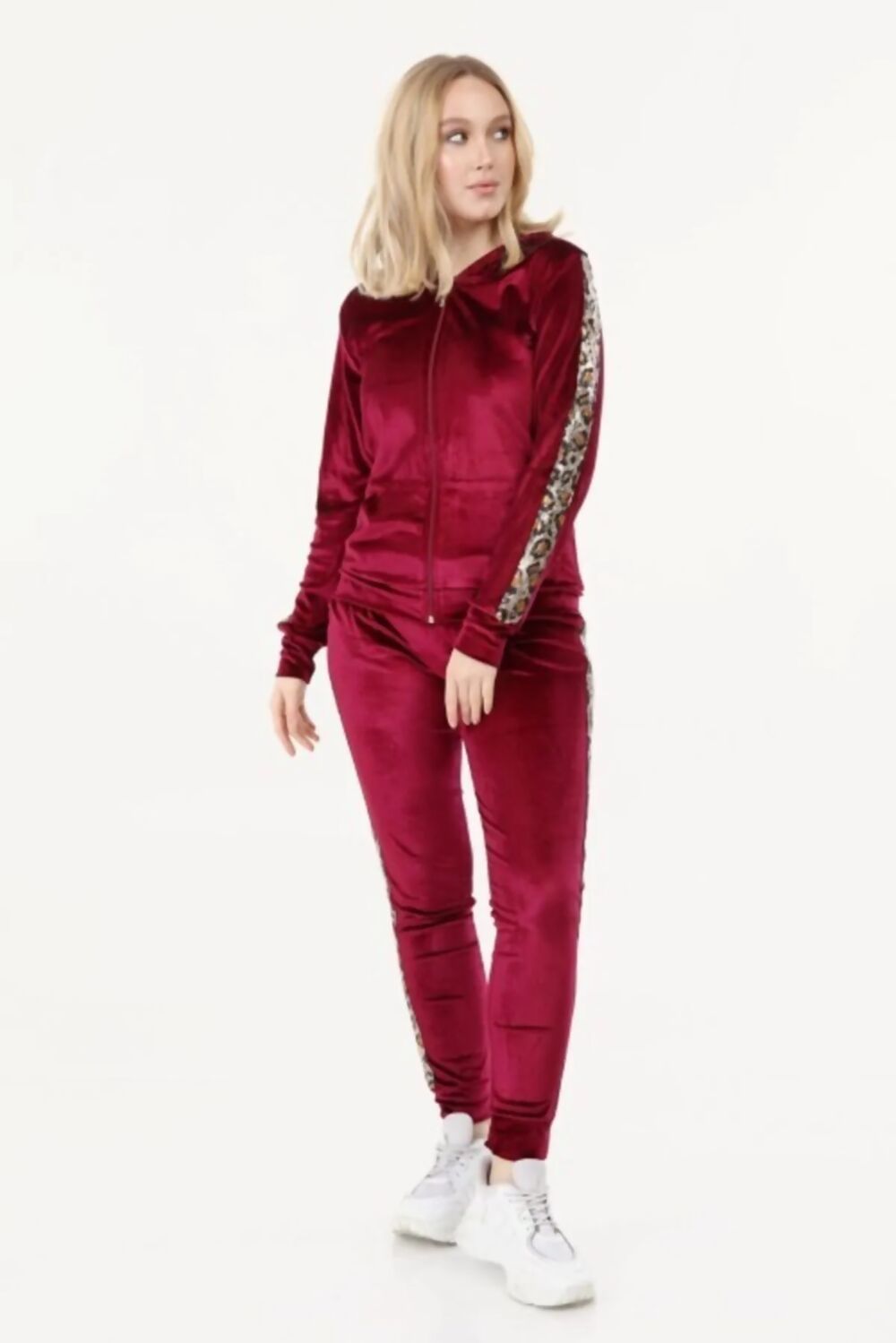 Leopard Print Side Stripe Velour Tracksuit