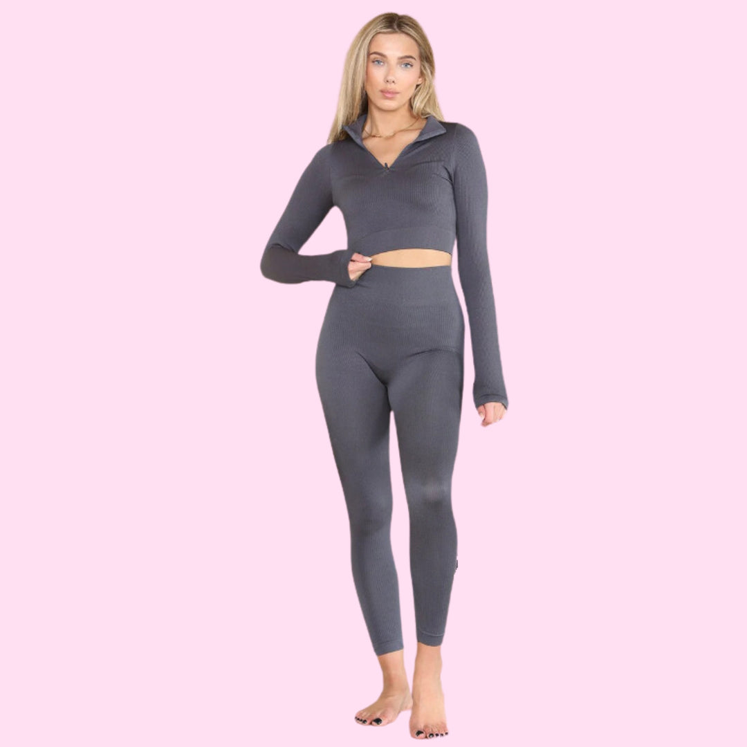 Ribbed Tracksuit Two Piece Set With Half Zip Detail Gym Loungewear