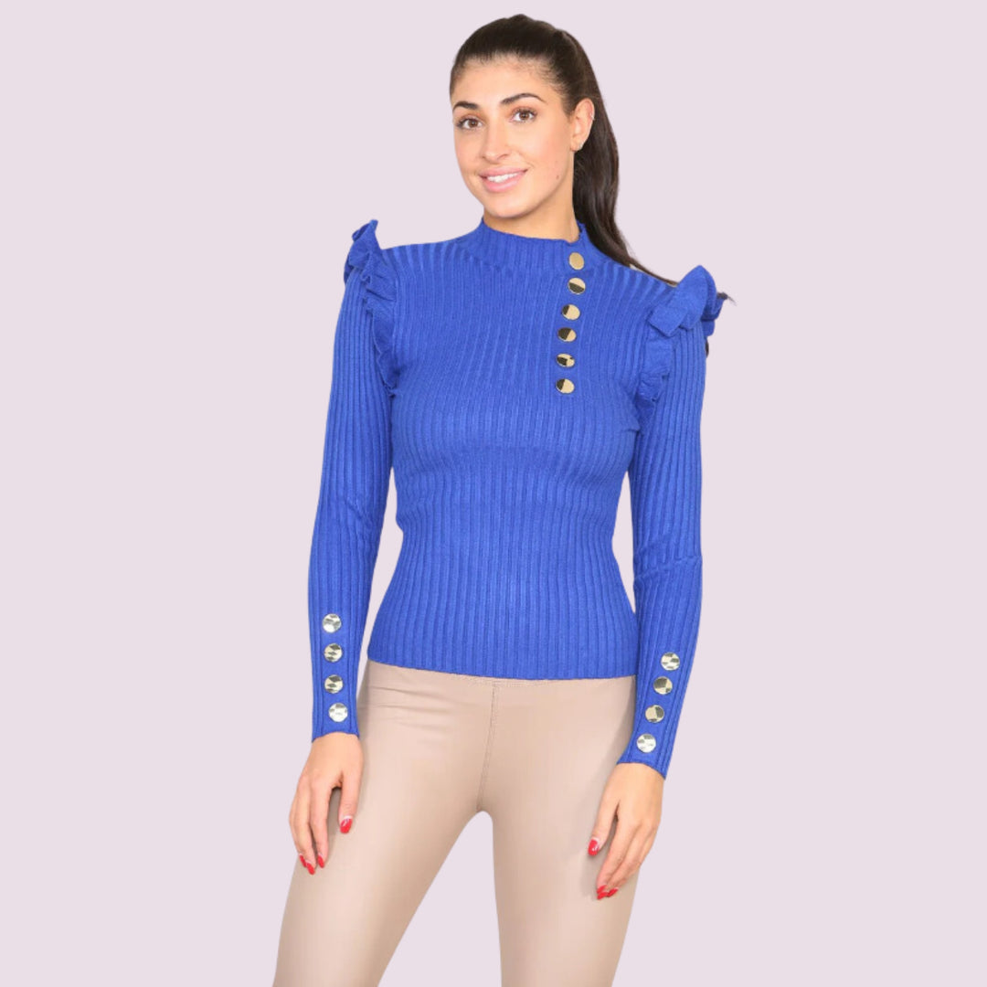 Ribbed Knit Gold Button Detail Jumper with Frill