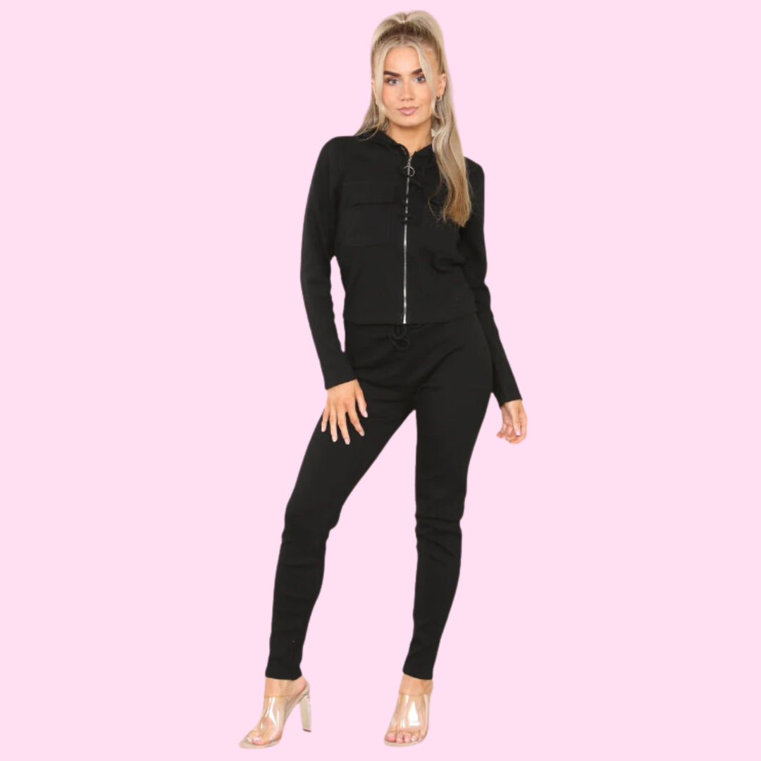 Front Pocket Zip Suit Ribbed Hooded Lounge Wear Set