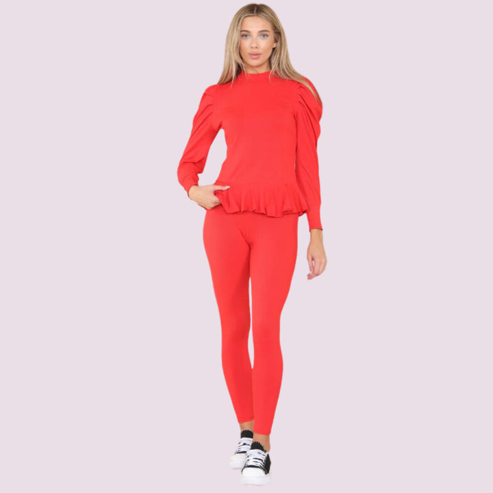 Puff Sleeves Set Frill Hem Peplum Ribbed Lounge Wear Suit