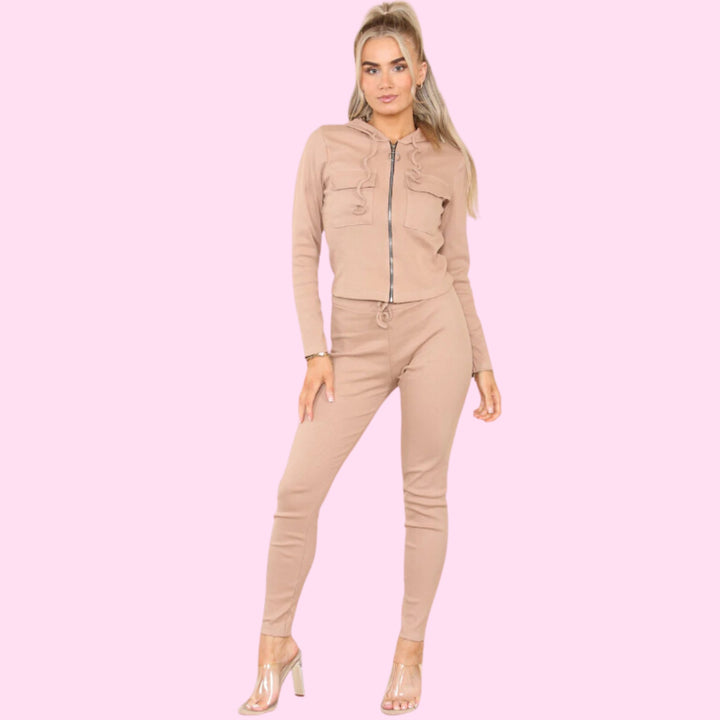 Front Pocket Zip Suit Ribbed Hooded Lounge Wear Set