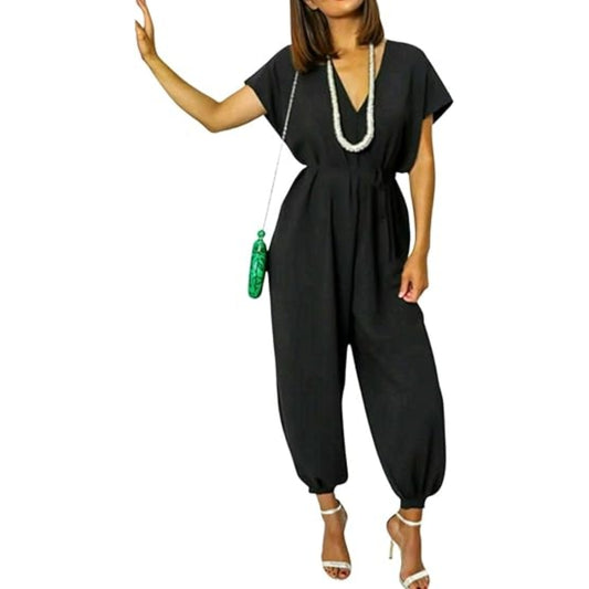 Women’s Belted V Neck Jumpsuit Wide Leg Romper