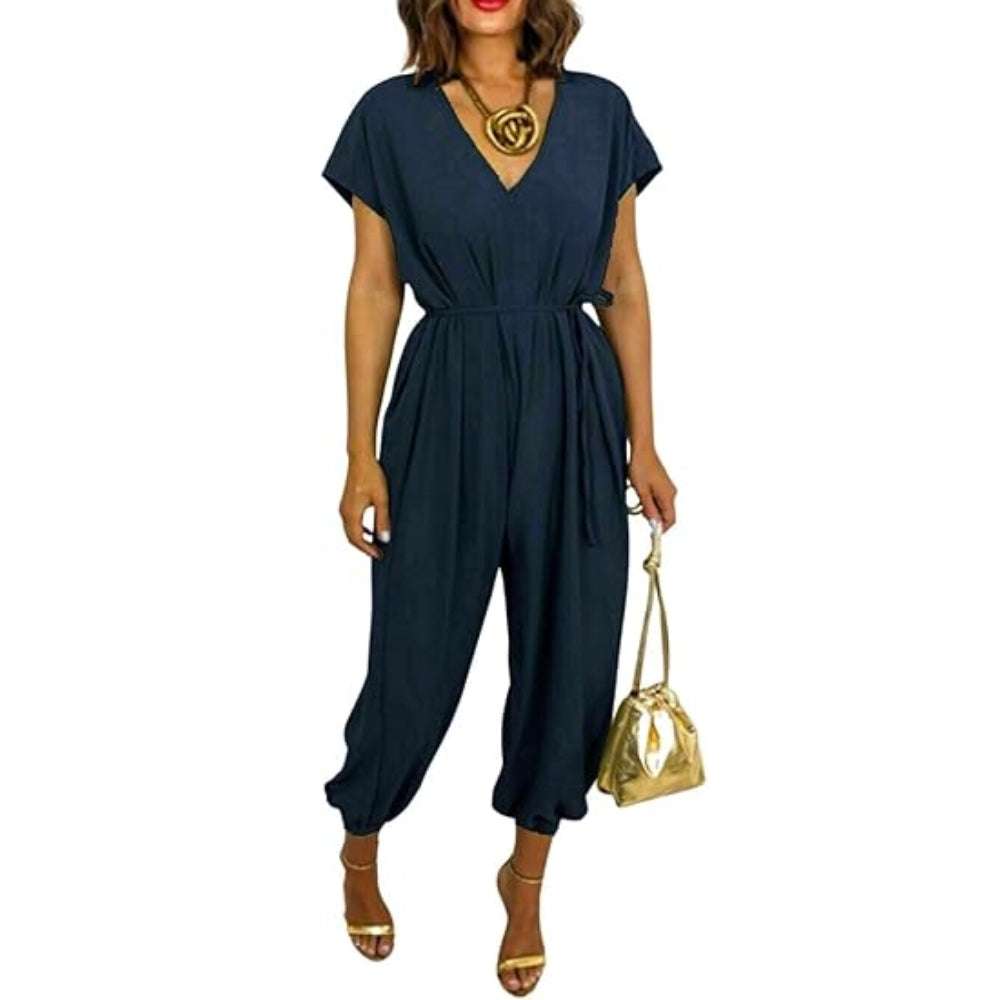 Women’s Belted V Neck Jumpsuit Wide Leg Romper