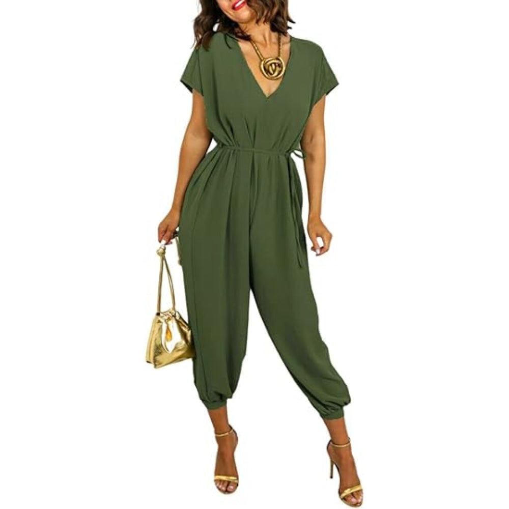 Women’s Belted V Neck Jumpsuit Wide Leg Romper