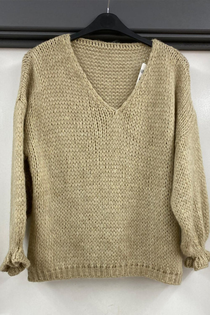 Long Cuffed Sleeve V-Neck Jumper