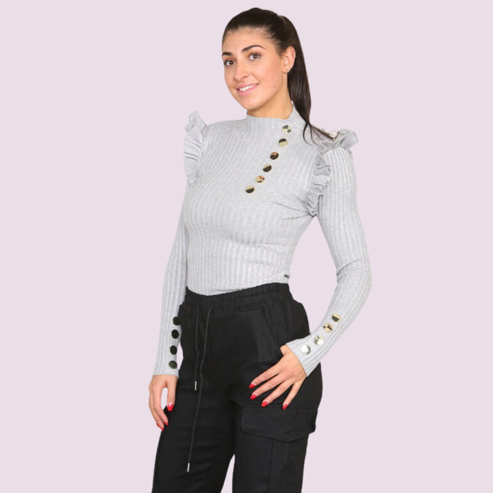 Ribbed Knit Gold Button Detail Jumper with Frill