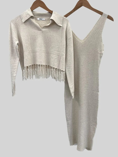 Fringe Knit Polo Crop Top and Dress Set