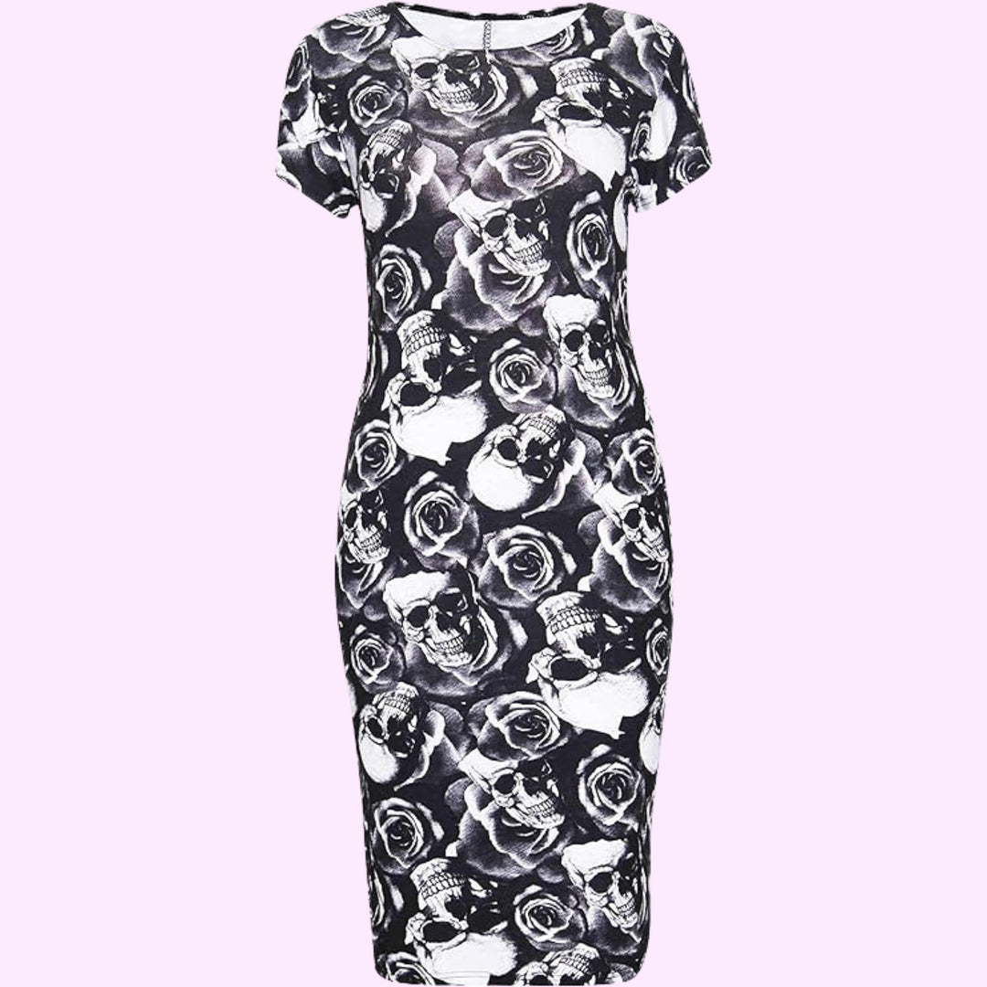 Printed Short Sleeve Scoop Neck Midi Dress