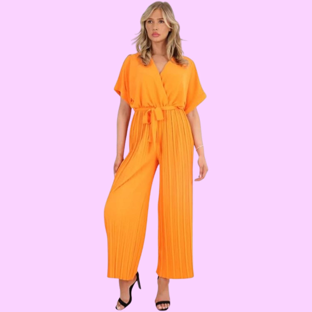 Italian Pleated Belted Wrap Over Jumpsuits