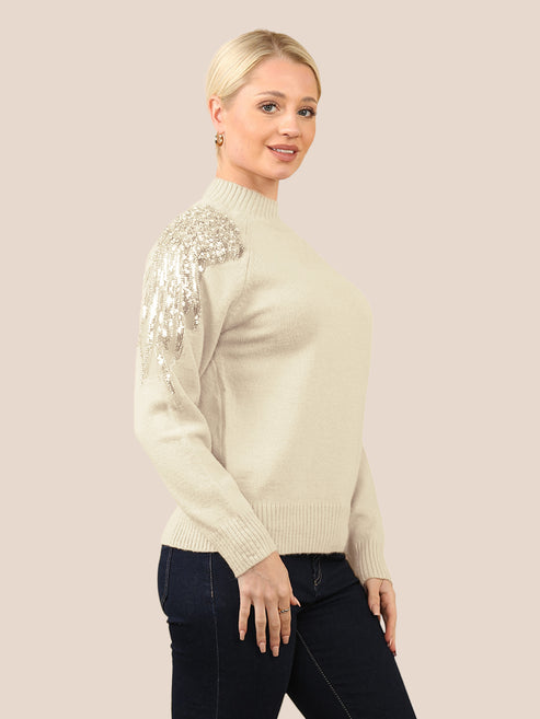 Embellished Net Shoulder Detail Knit Sweater