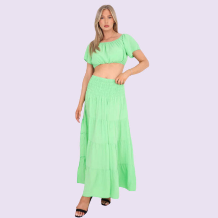 Italian Bardot Crop Top And Maxi Skirt Set