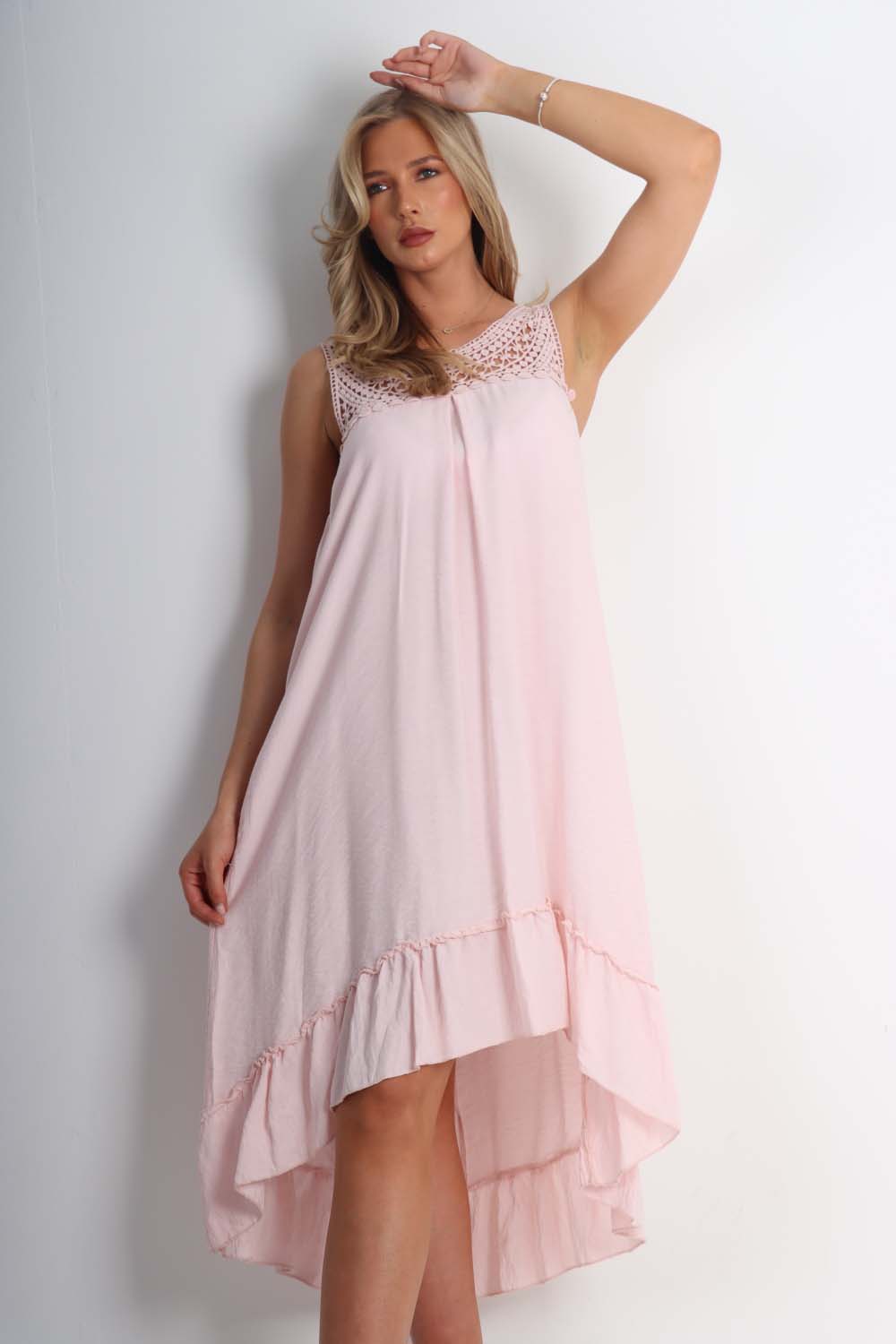 Italian Lace Neckline Dipped Hem Dress