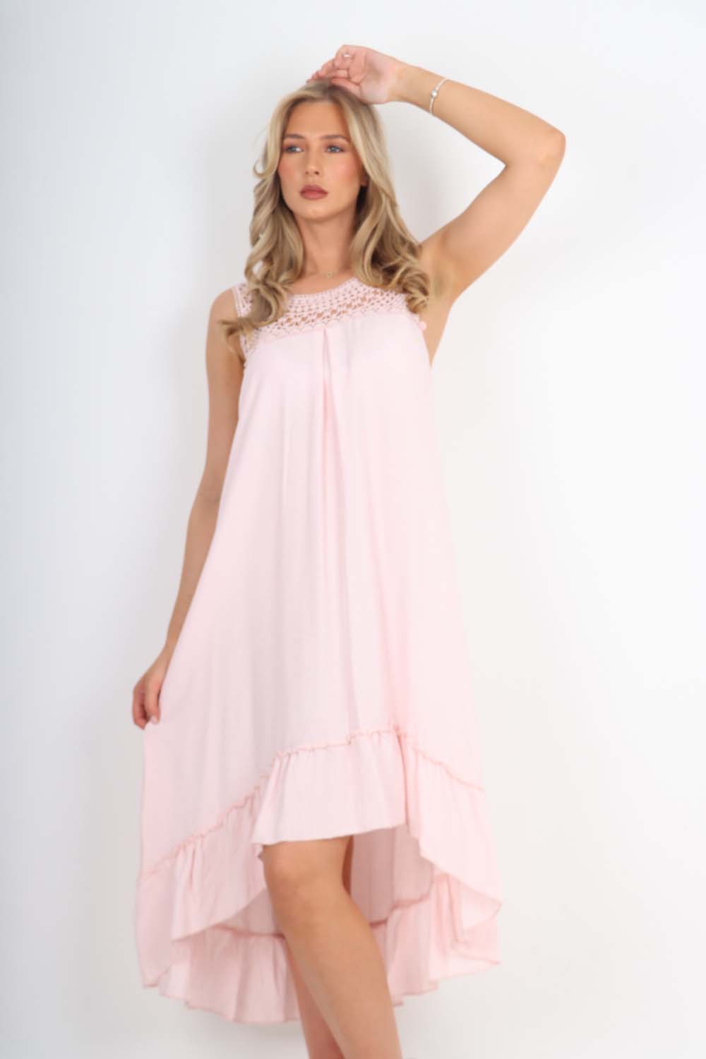 Italian Lace Neckline Dipped Hem Dress