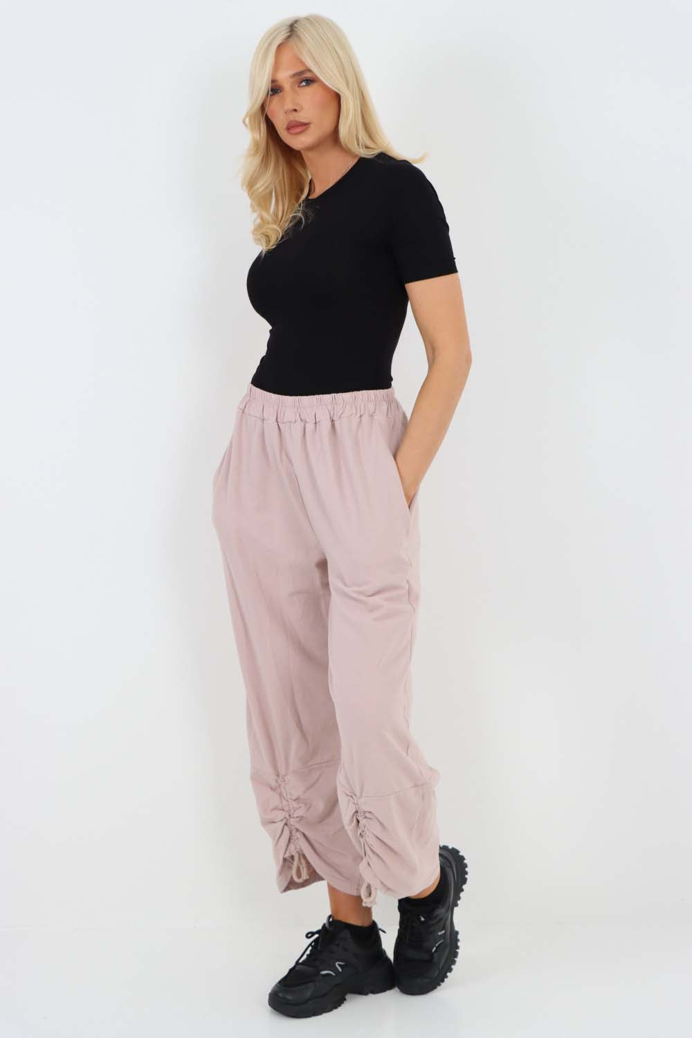 Italian Drawstring Hem Cotton Trousers With Side Pockets