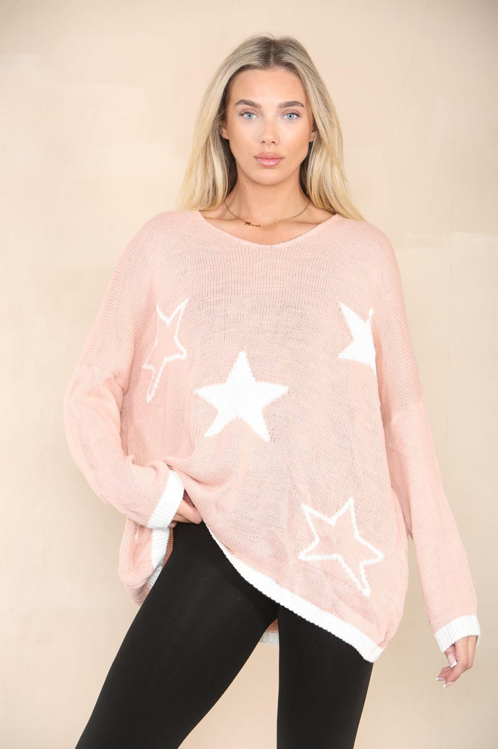 Star Print Oversized V Neck Jumper