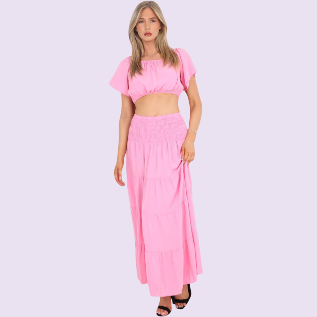 Italian Bardot Crop Top And Maxi Skirt Set