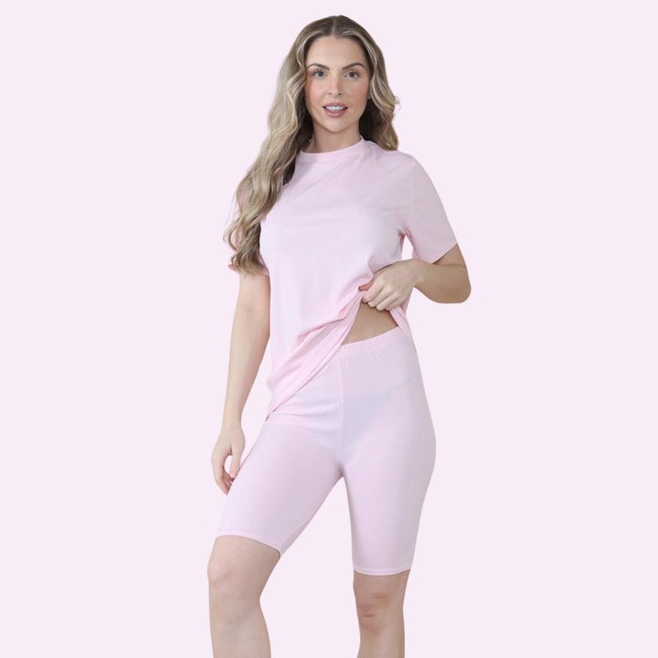 Ladies Ribbed Cycling Shorts Oversized T-Shirt and Active Gym Co ord Set