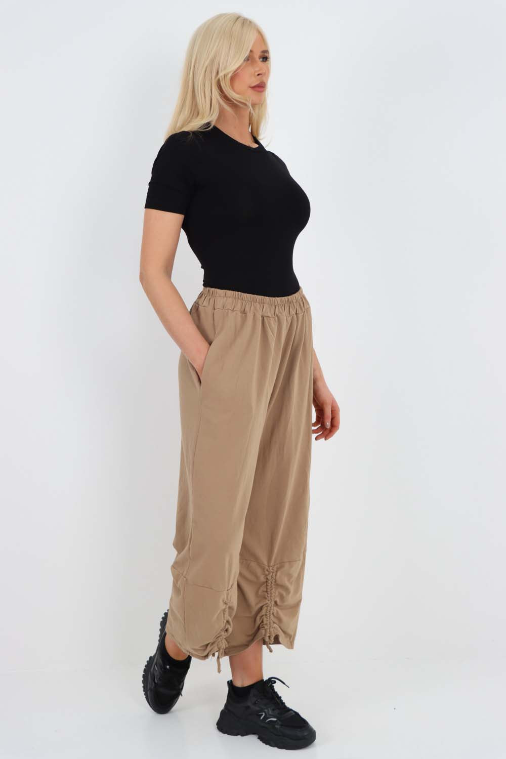 Italian Drawstring Hem Cotton Trousers With Side Pockets