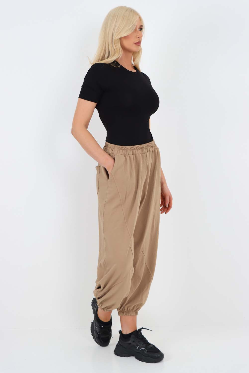 Italian Ruched Hem Cotton Trousers With Side Pockets