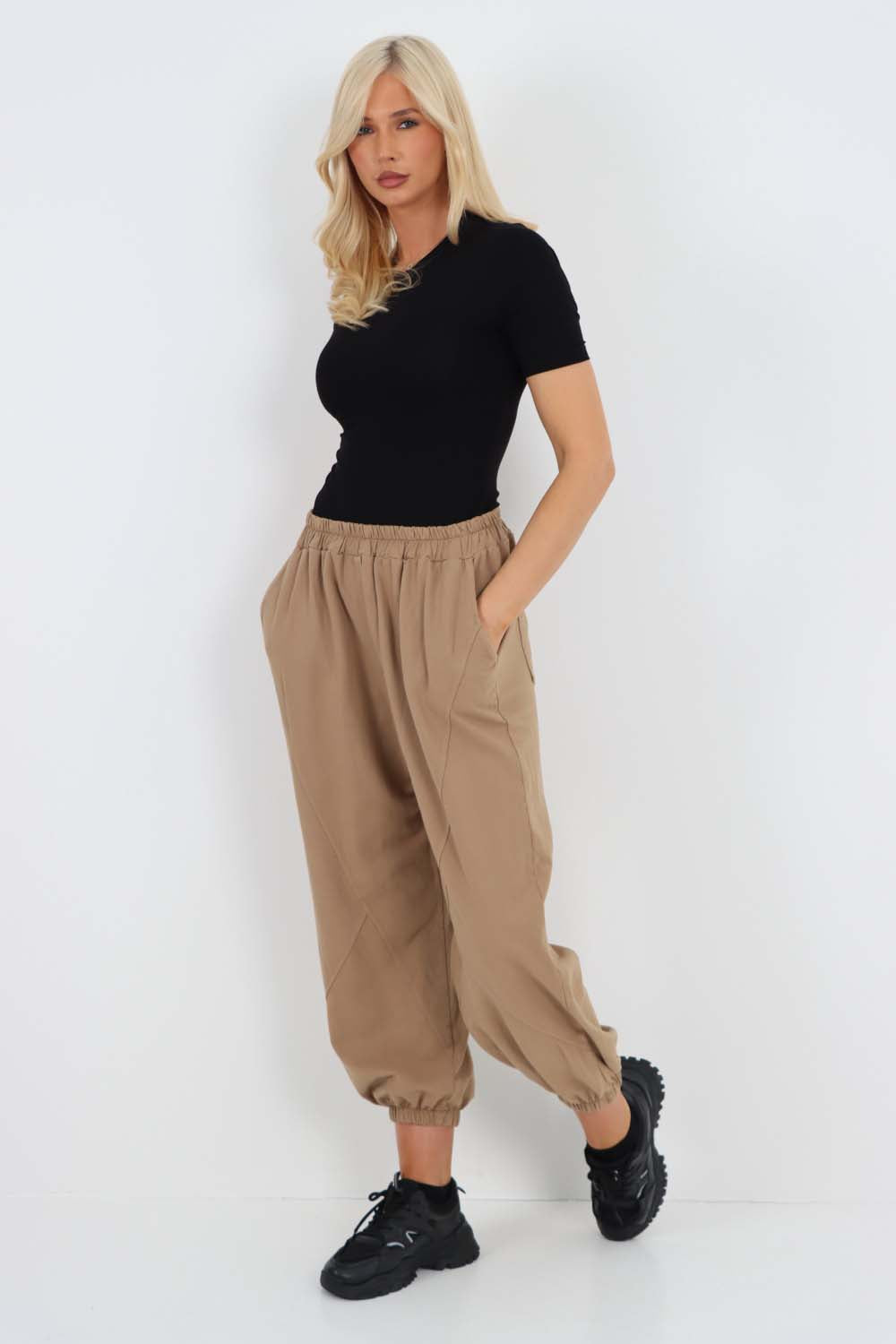 Italian Ruched Hem Cotton Trousers With Side Pockets