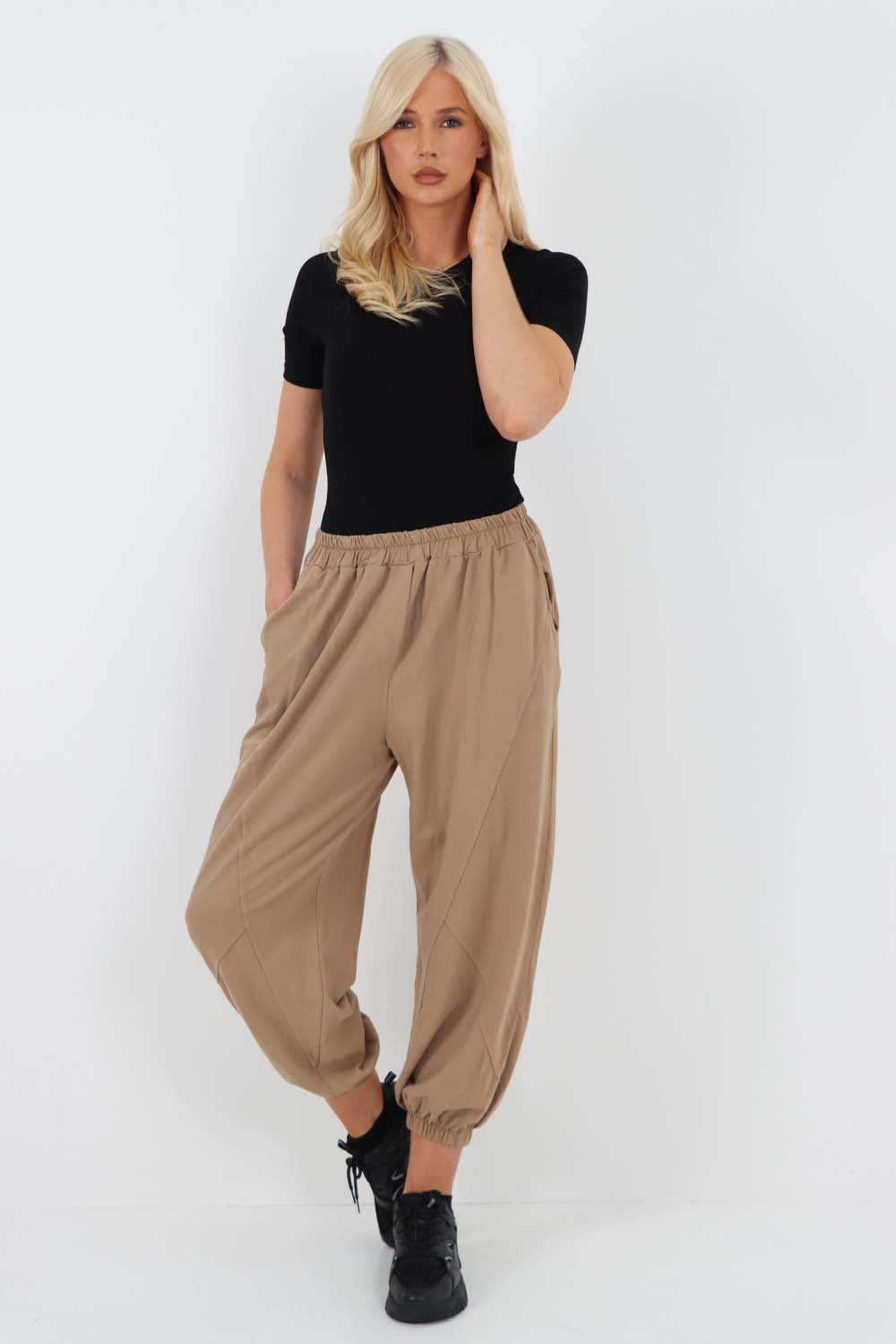 Italian Ruched Hem Cotton Trousers With Side Pockets