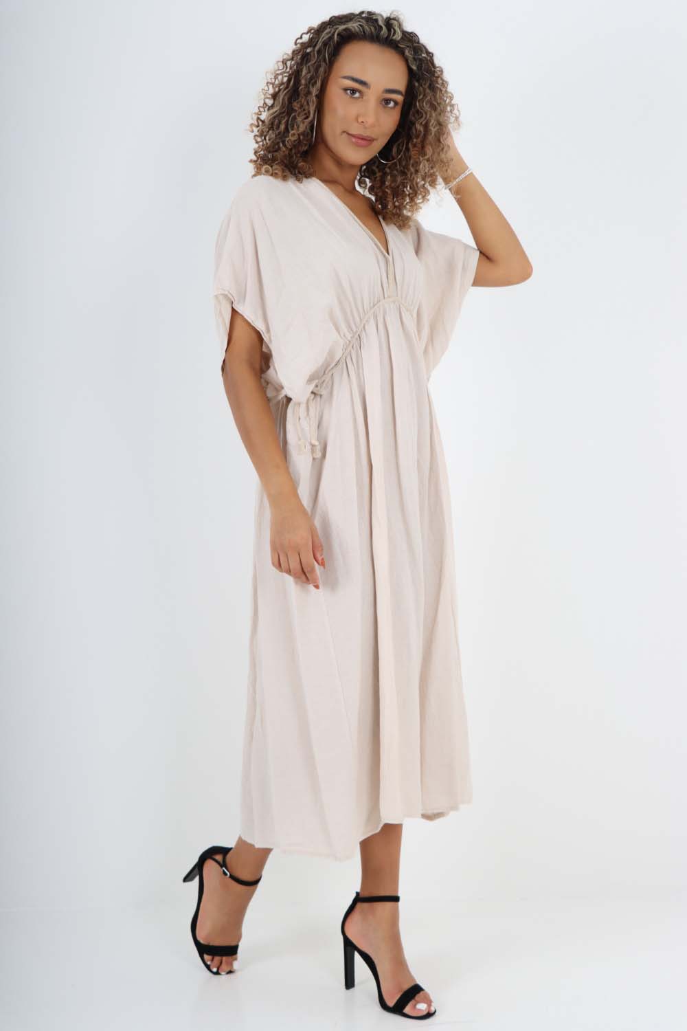 Italian Drawestring Front Flared Linen Dress