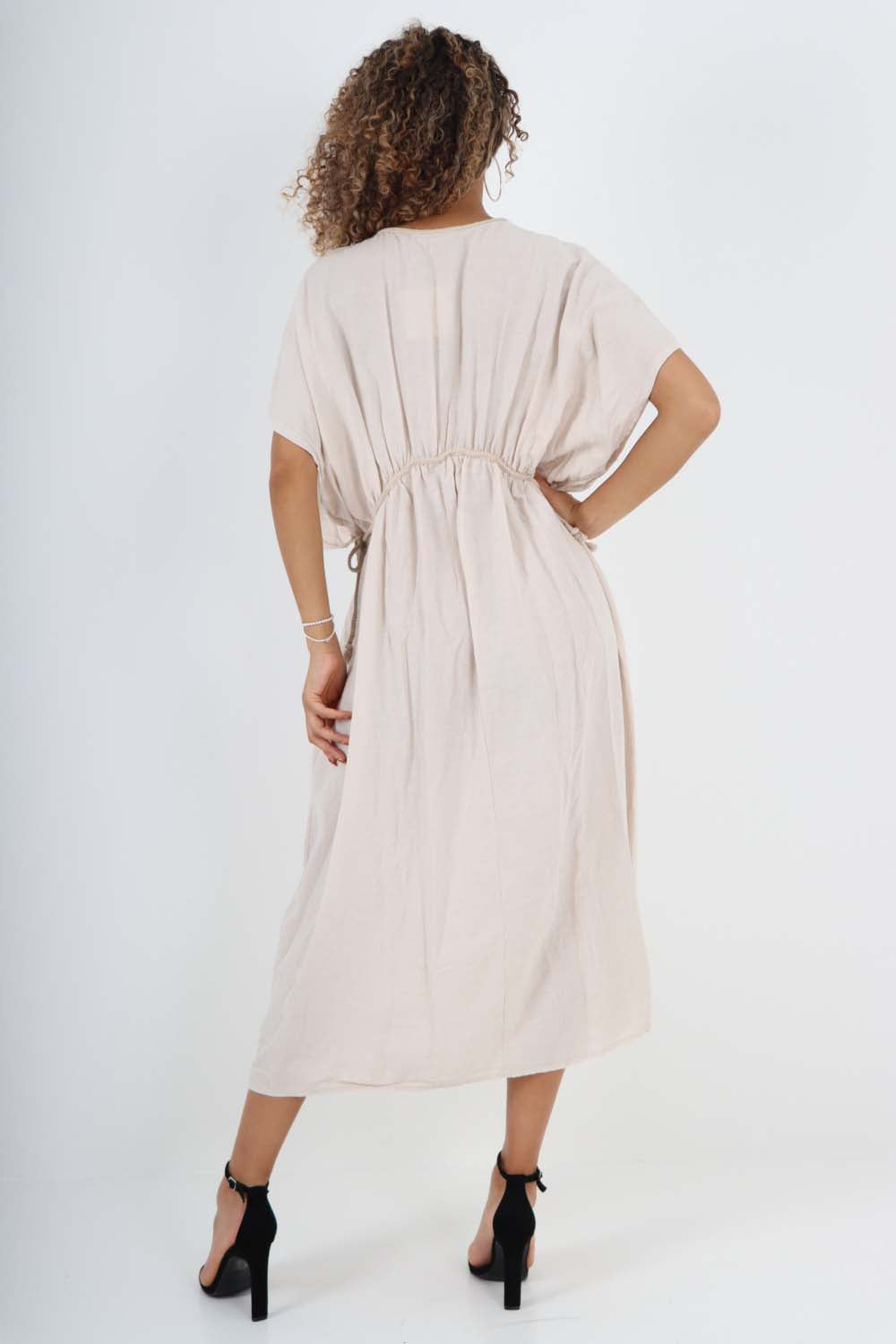 Italian Drawestring Front Flared Linen Dress