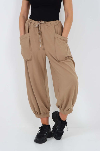 Italian Drawstring Cotton Harem Trousers With Side Pockets