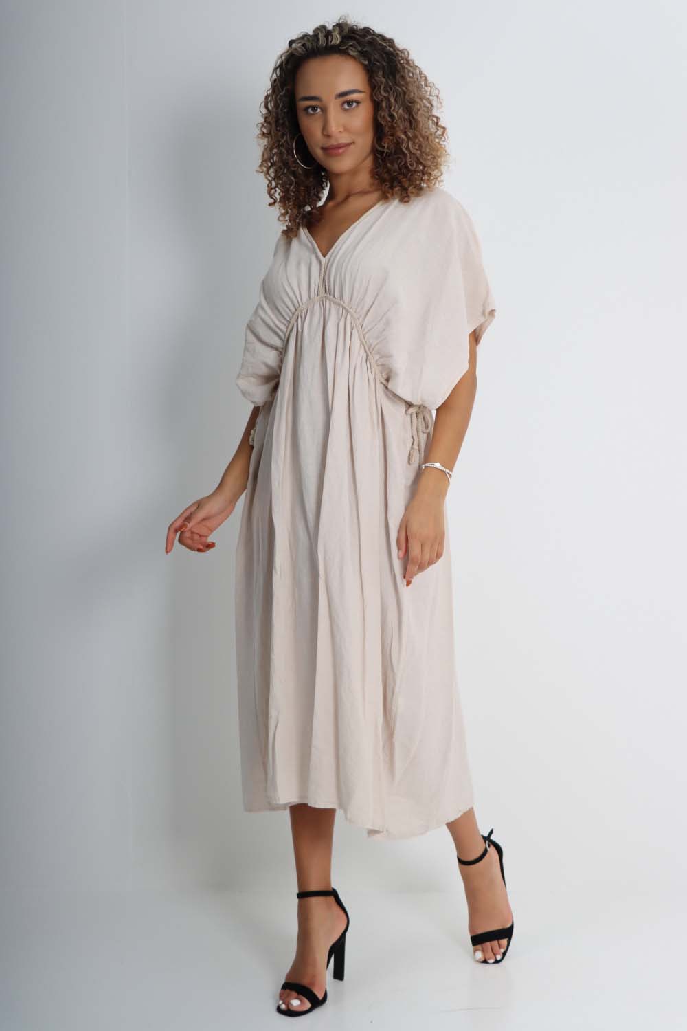 Italian Drawestring Front Flared Linen Dress