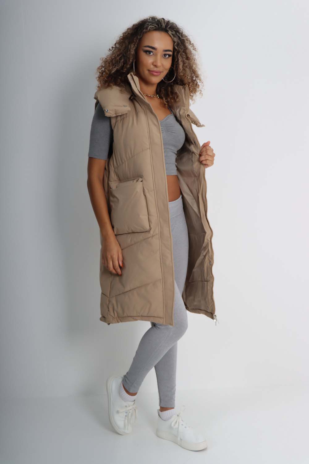 Italian Padded Pockets Hooded Long Gilet