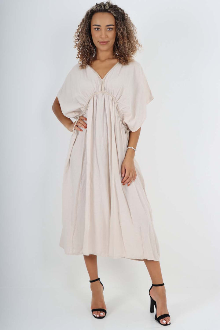 Italian Drawestring Front Flared Linen Dress