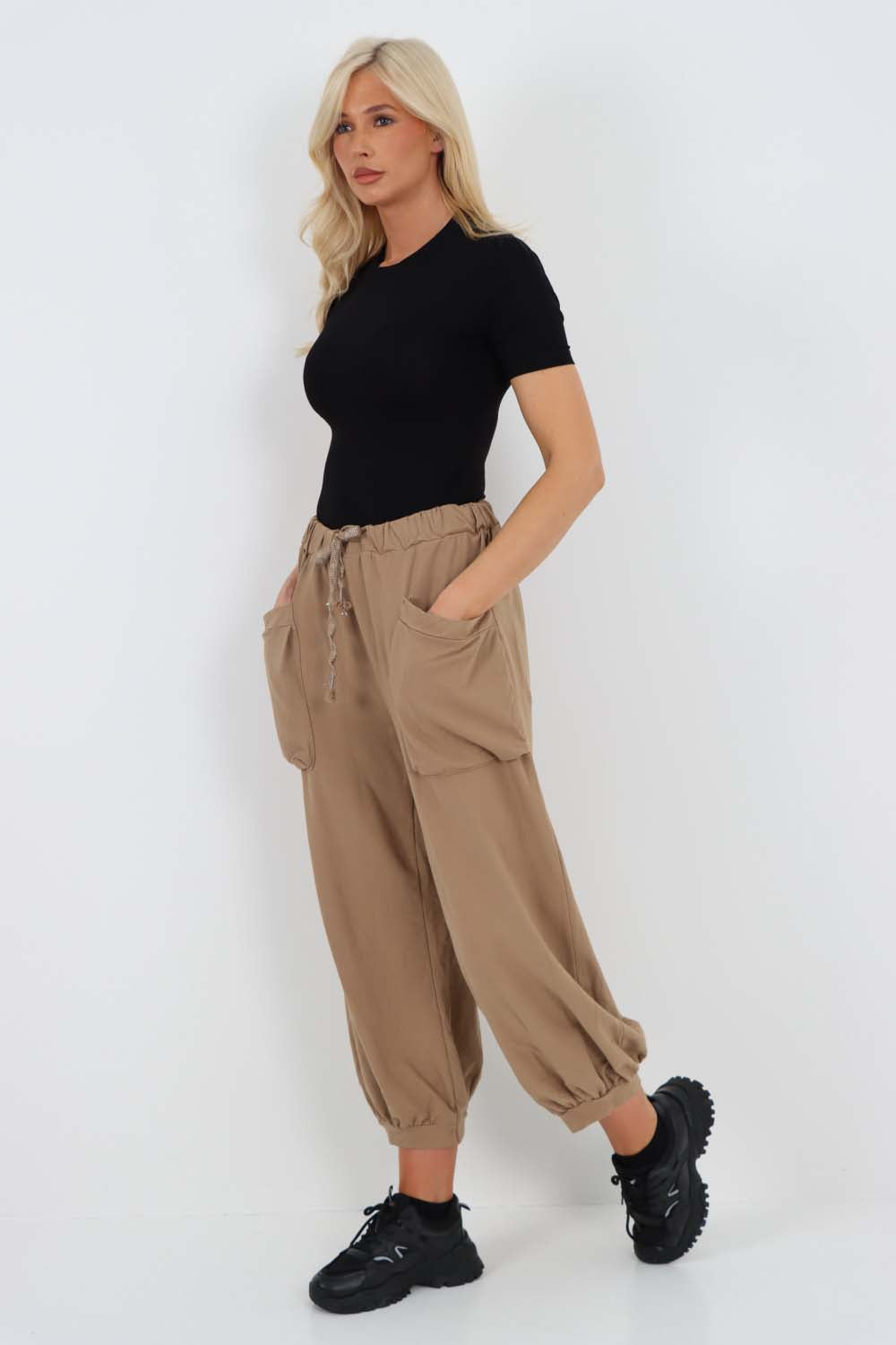 Italian Drawstring Cotton Harem Trousers With Side Pockets