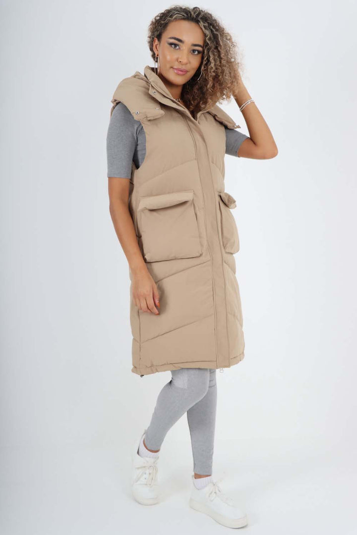 Italian Padded Pockets Hooded Long Gilet