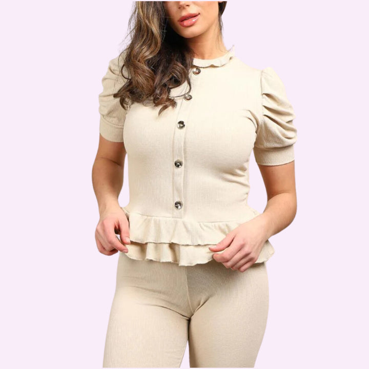 Suit with Ribbed Legging Co-Ord Top Gold Button Frill Hem Peplum Ribbed Lounge Set