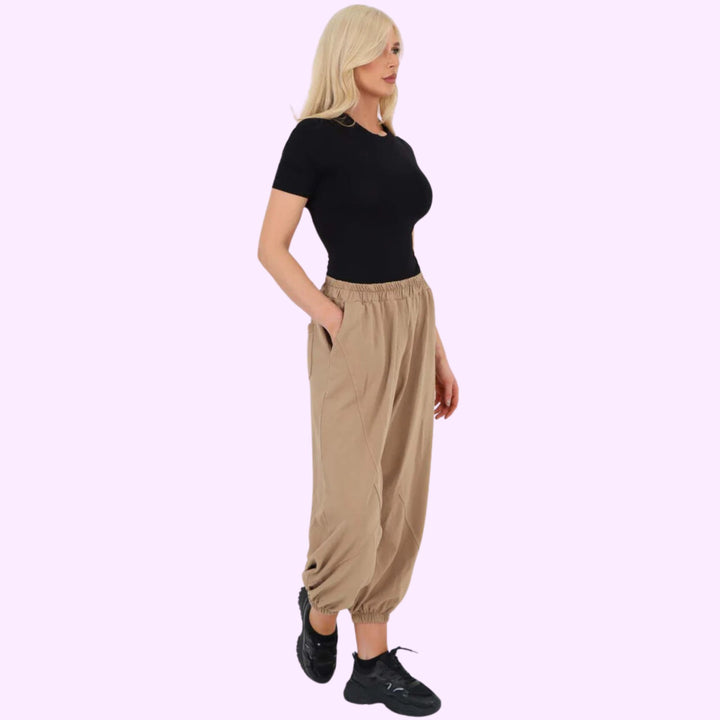 Italian Ruched Hem Cotton Trousers With Side Pockets