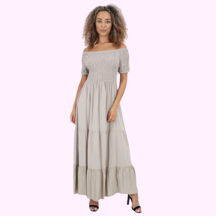 Italian Off Shoulder Shirred Elasticated Tiered Maxi Dress