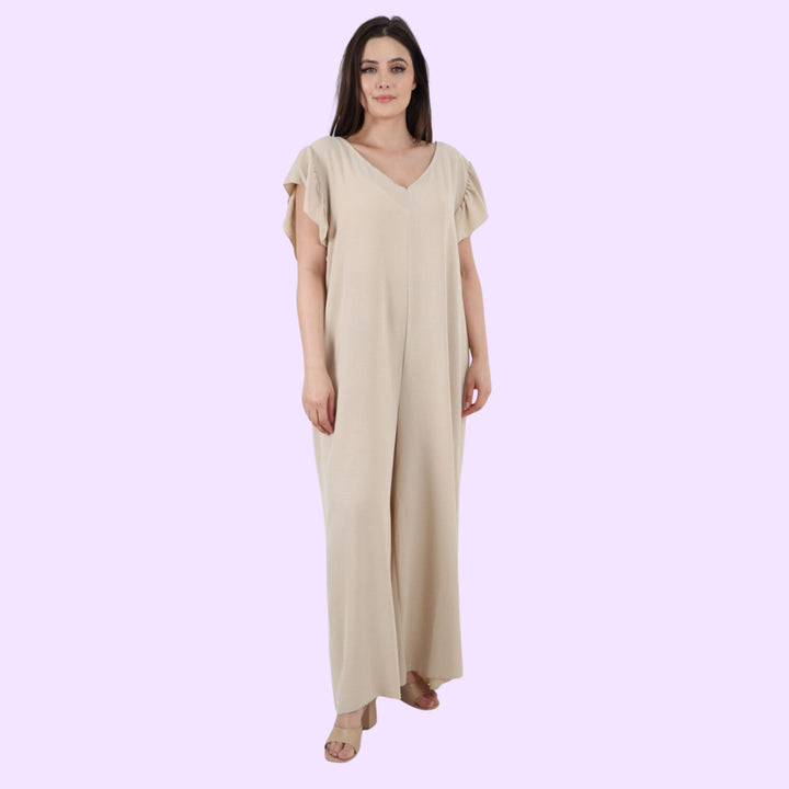 Italian Ruffled Sleeve Back Tie Open Wide Leg Jumpsuit