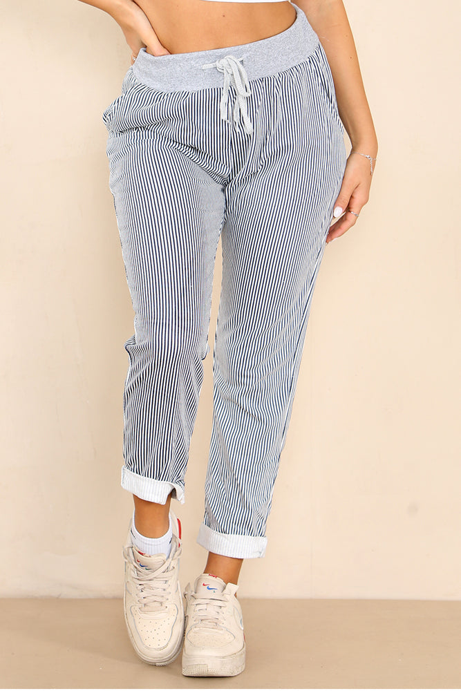 Italian Thin Stripes Print Drawstring Cotton Joggers