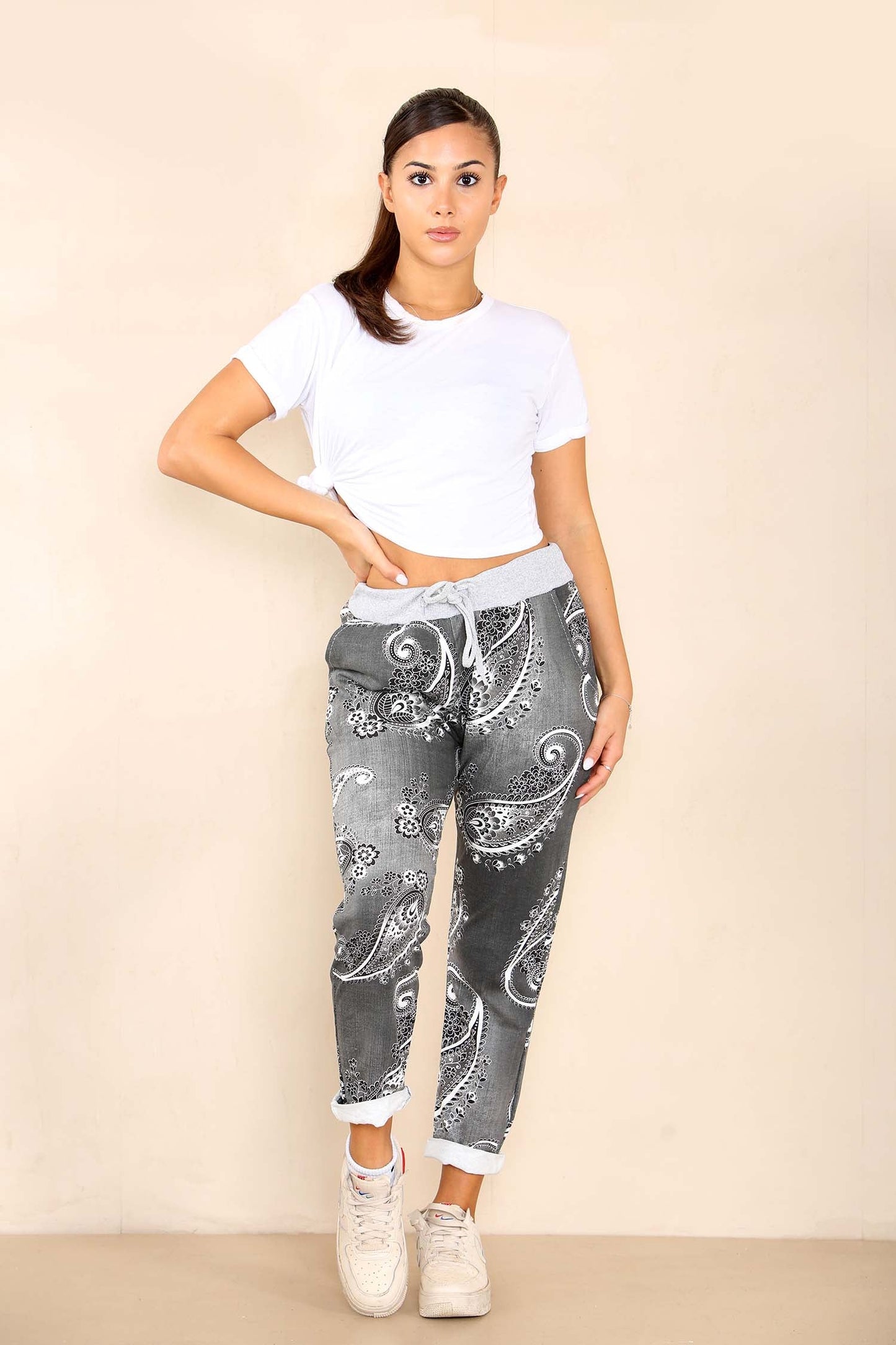 Italian Paisley Print Drawstring Cotton Joggers
