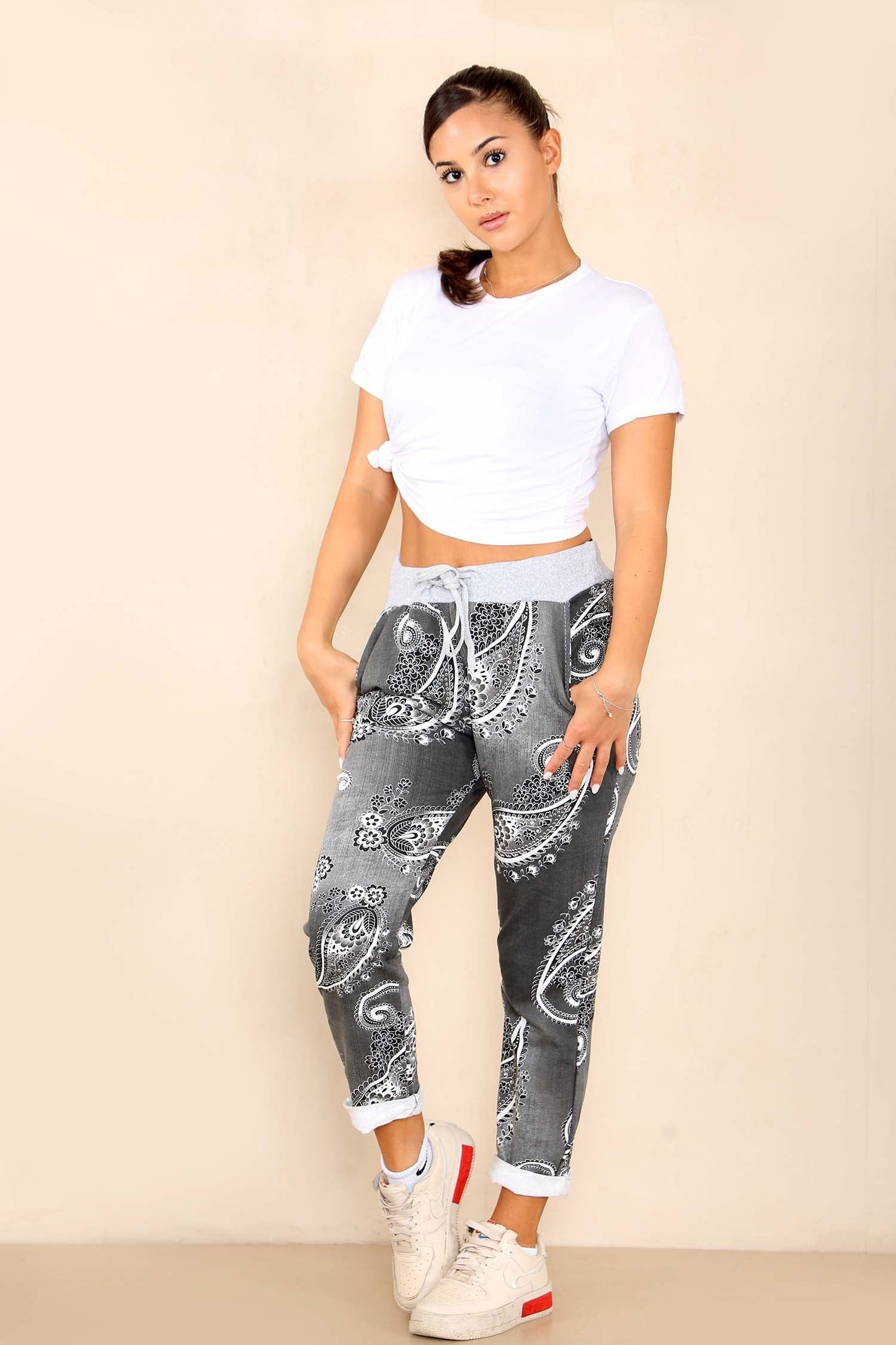 Italian Paisley Print Drawstring Cotton Joggers