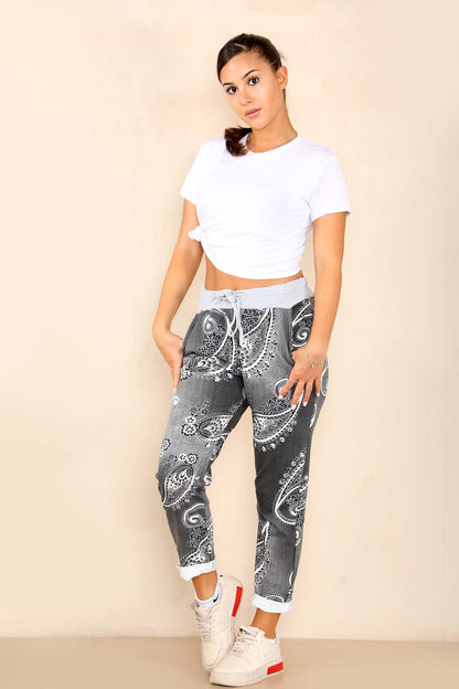 Italian Paisley Print Drawstring Cotton Joggers