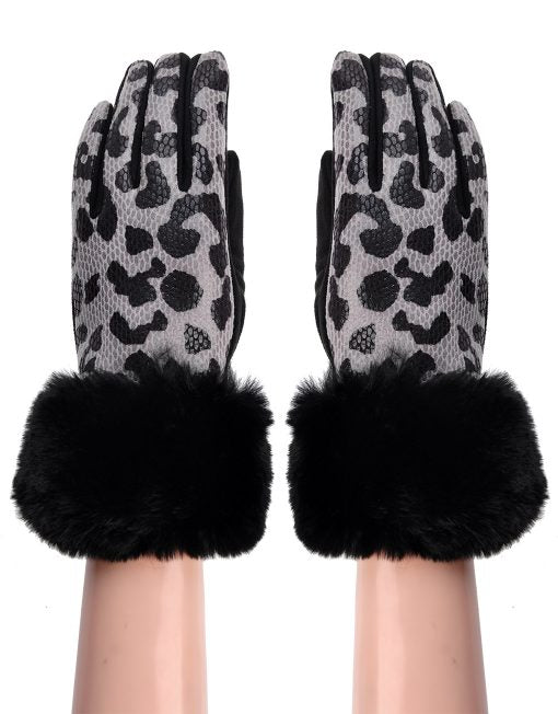 Leopard printed fur trim Gloves