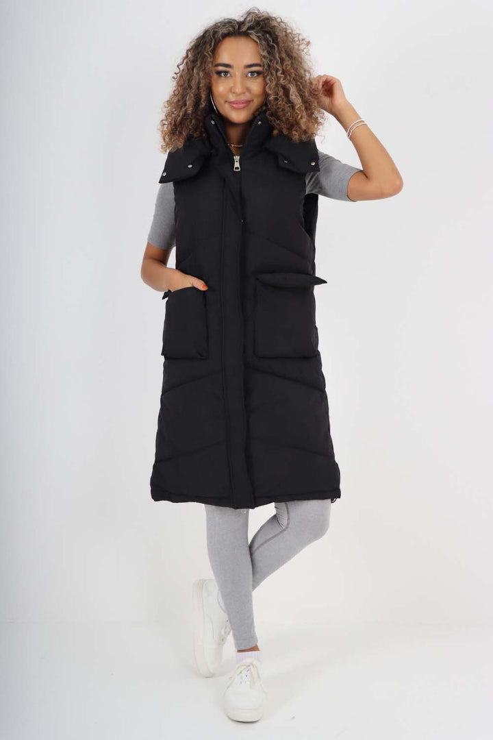 Italian Padded Pockets Hooded Long Gilet