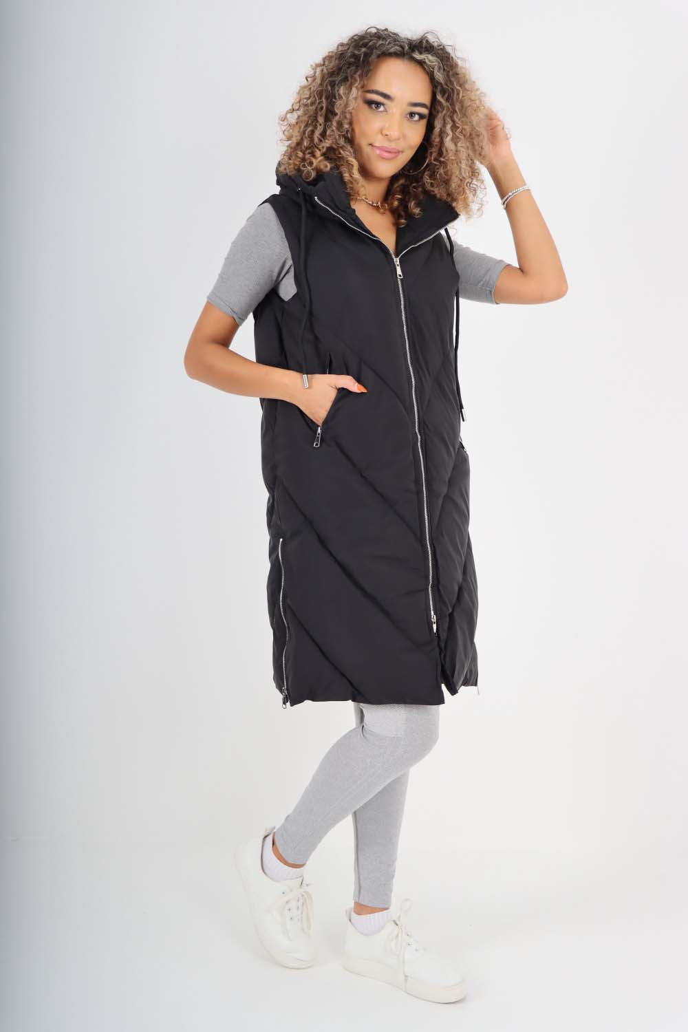 Italian Padded Pockets Hooded Zip up Long Gilet