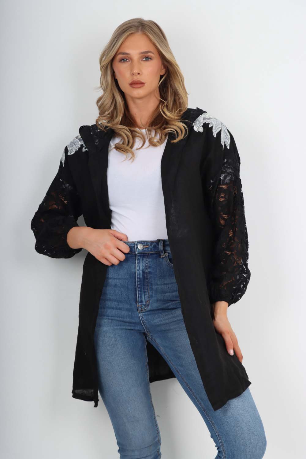 Italian Lace Sleeve Hooded Long Cardigan