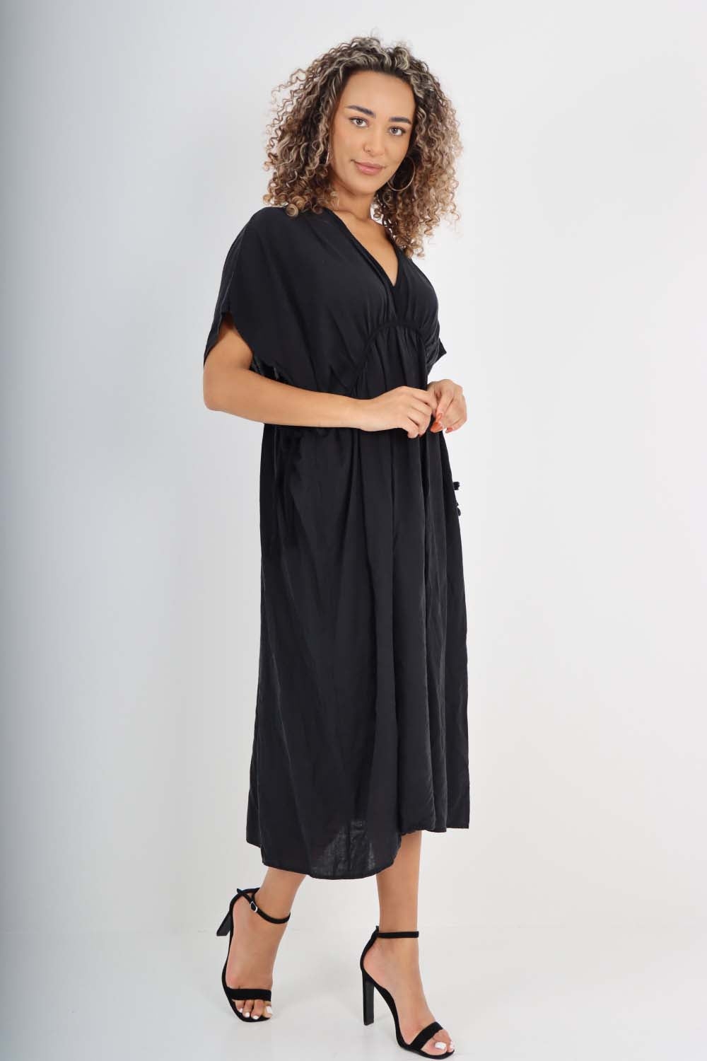 Italian Drawestring Front Flared Linen Dress