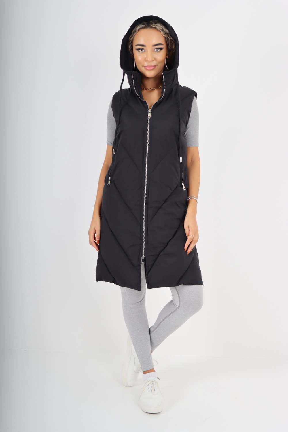 Italian Padded Pockets Hooded Zip up Long Gilet