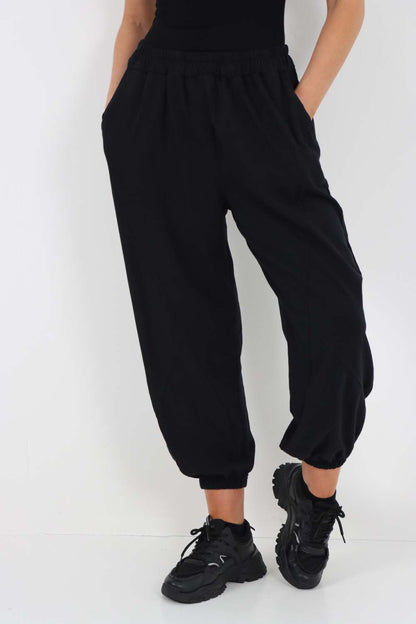 Italian Ruched Hem Cotton Trousers With Side Pockets